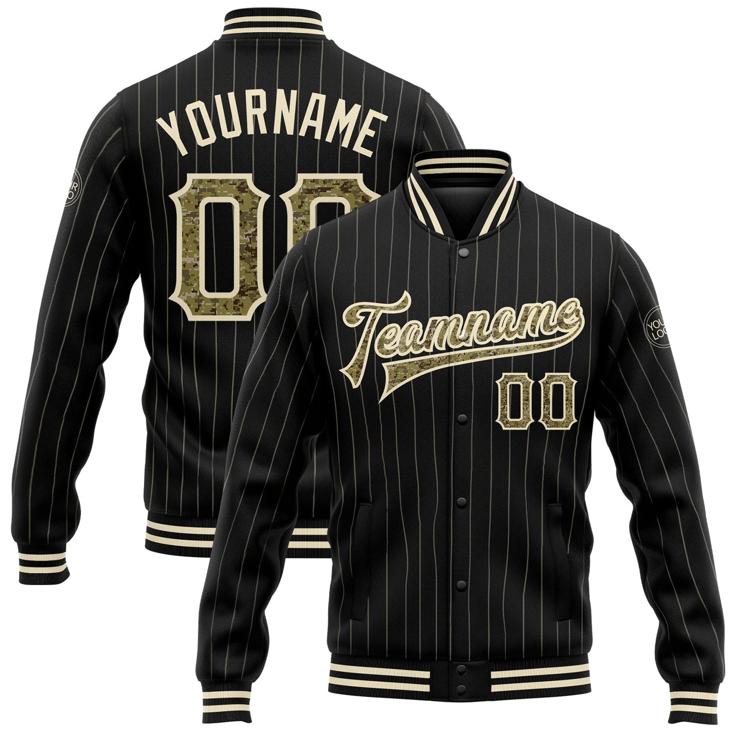 Custom Black Cream Pinstripe Camo Bomber Full-Snap Varsity Letterman Jacket - Main View