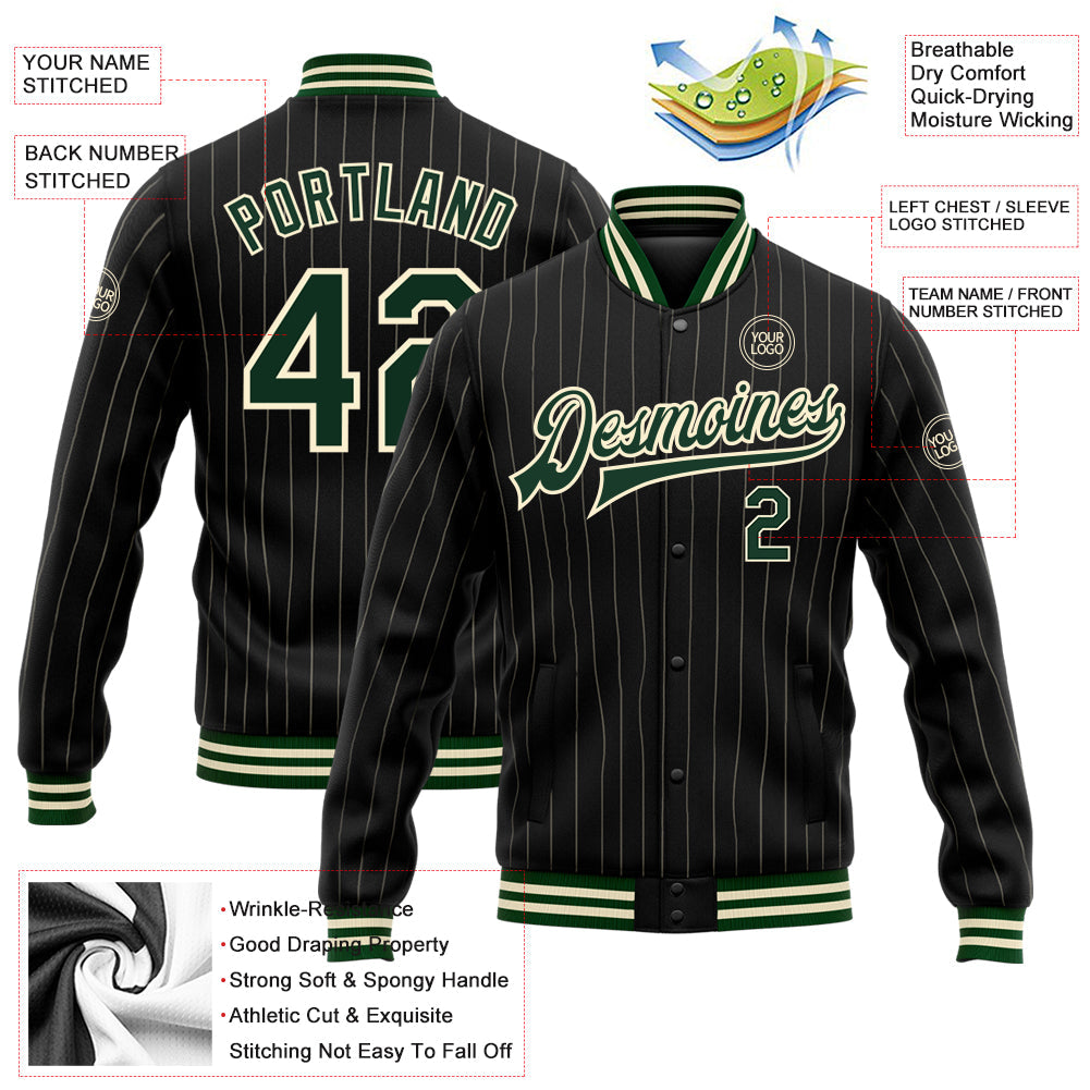 Custom Black Cream Pinstripe Green Bomber Full-Snap Varsity Letterman Jacket view 5