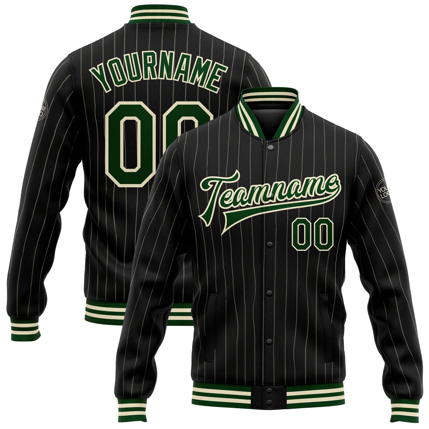 Custom Black Cream Pinstripe Green Bomber Full-Snap Varsity Letterman Jacket - Main View