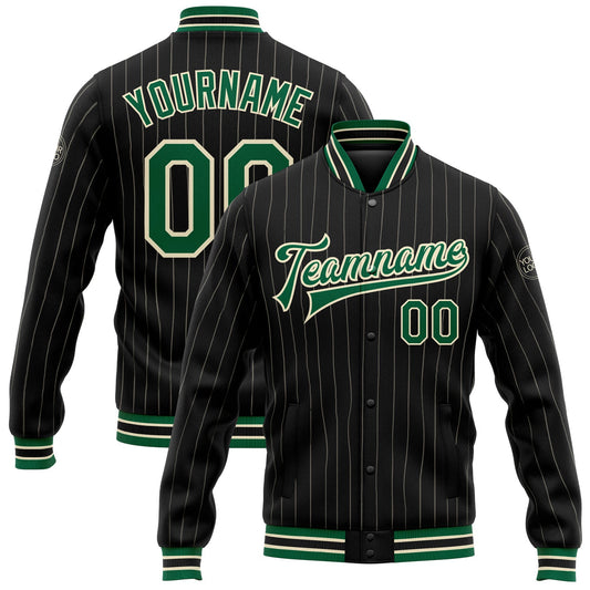 Custom Black Cream Pinstripe Kelly Green Bomber Full-Snap Varsity Letterman Jacket - Main View