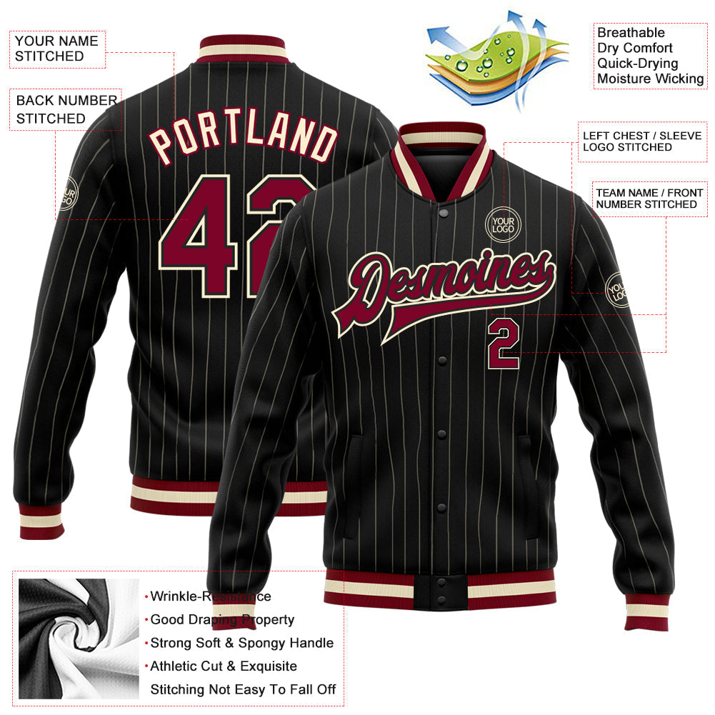 Custom Black Cream Pinstripe Maroon Bomber Full-Snap Varsity Letterman Jacket view 5