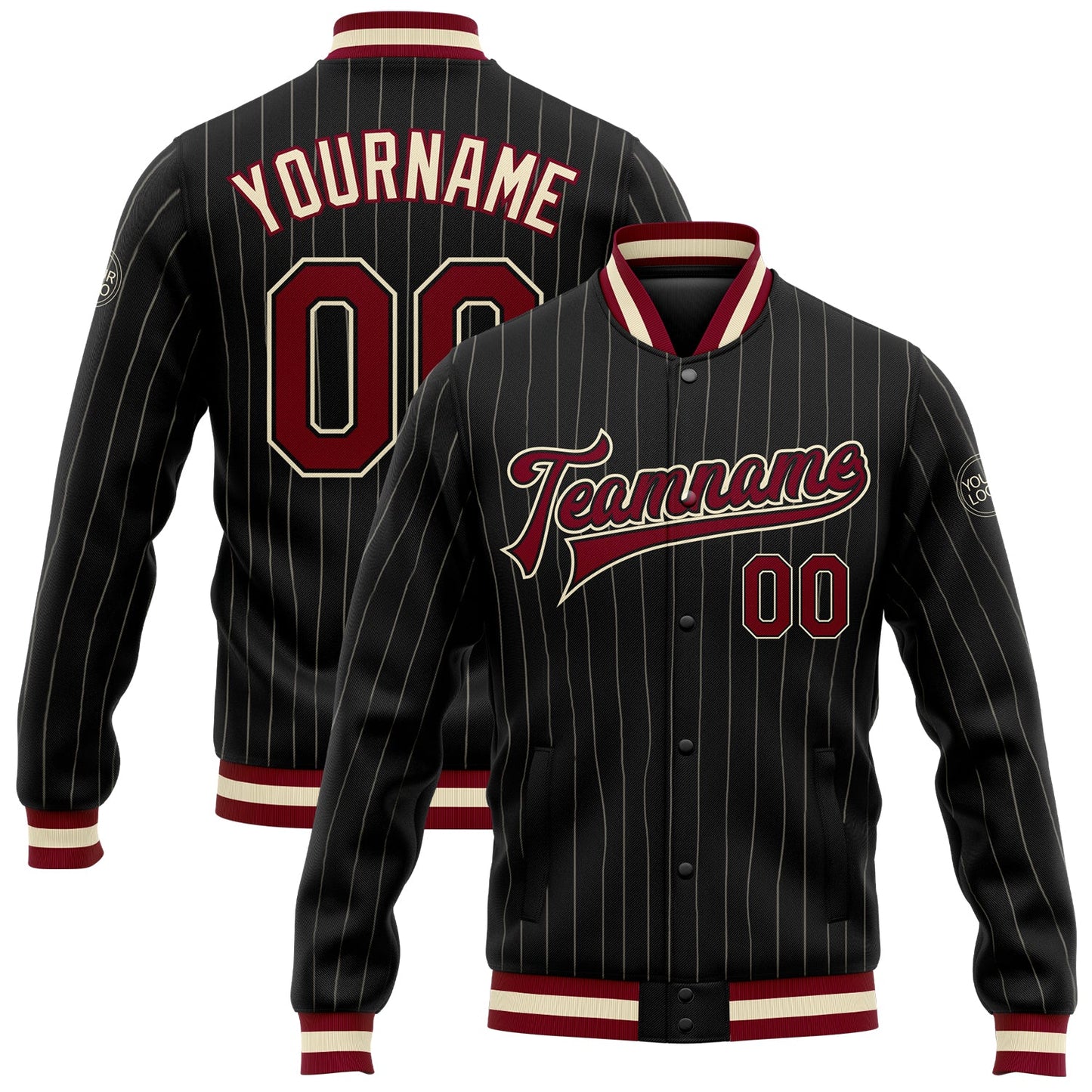 Custom Black Cream Pinstripe Maroon Bomber Full-Snap Varsity Letterman Jacket - Main View