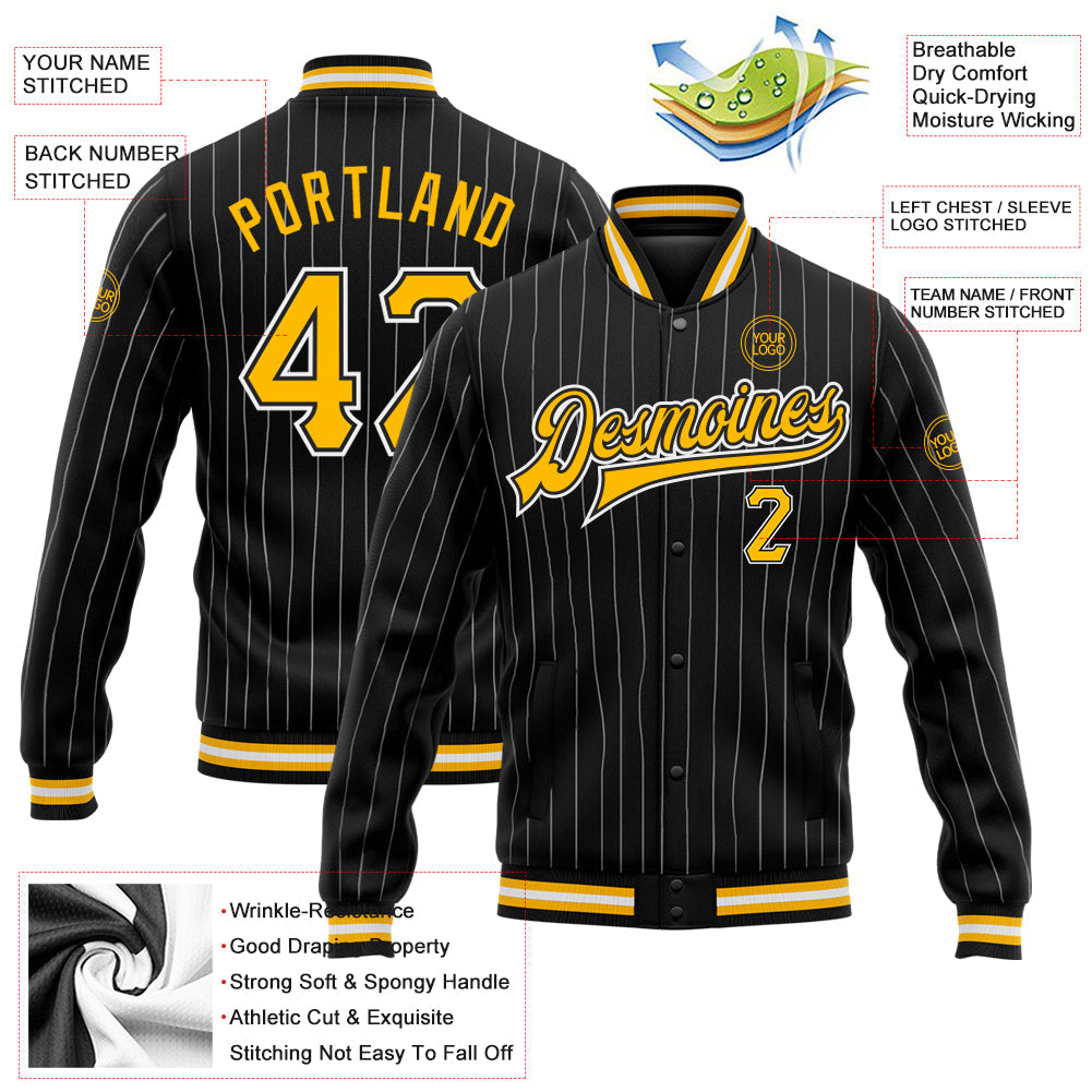 Custom Black White Pinstripe Gold Bomber Full-Snap Varsity Letterman Jacket view 5