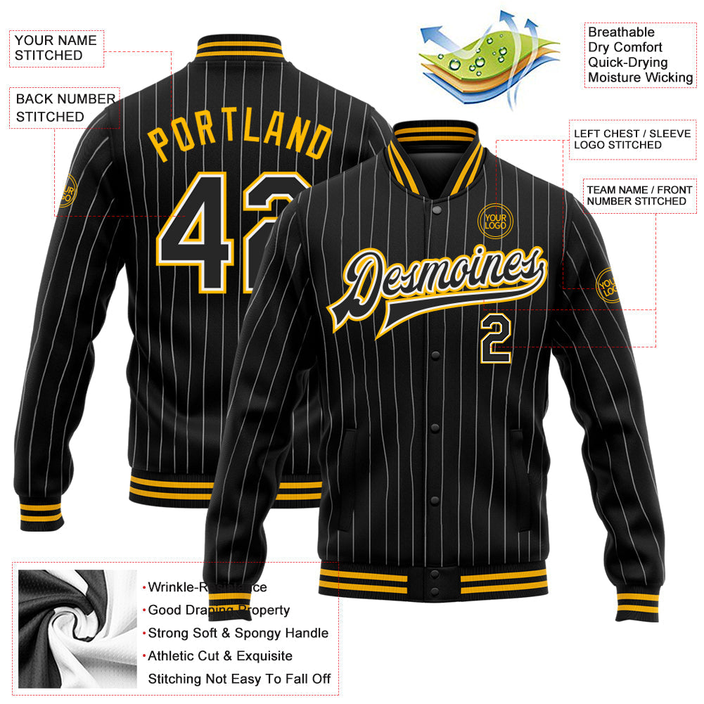 Custom Black White Pinstripe Gold Bomber Full-Snap Varsity Letterman Jacket view 5