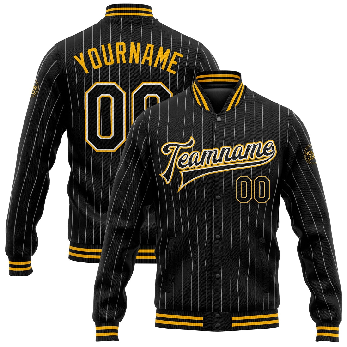 Custom Black White Pinstripe Gold Bomber Full-Snap Varsity Letterman Jacket - Main View