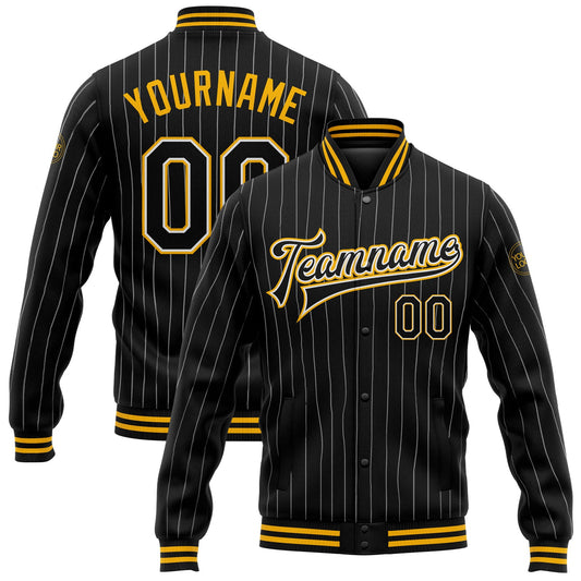 Custom Black White Pinstripe Gold Bomber Full-Snap Varsity Letterman Jacket - Main View
