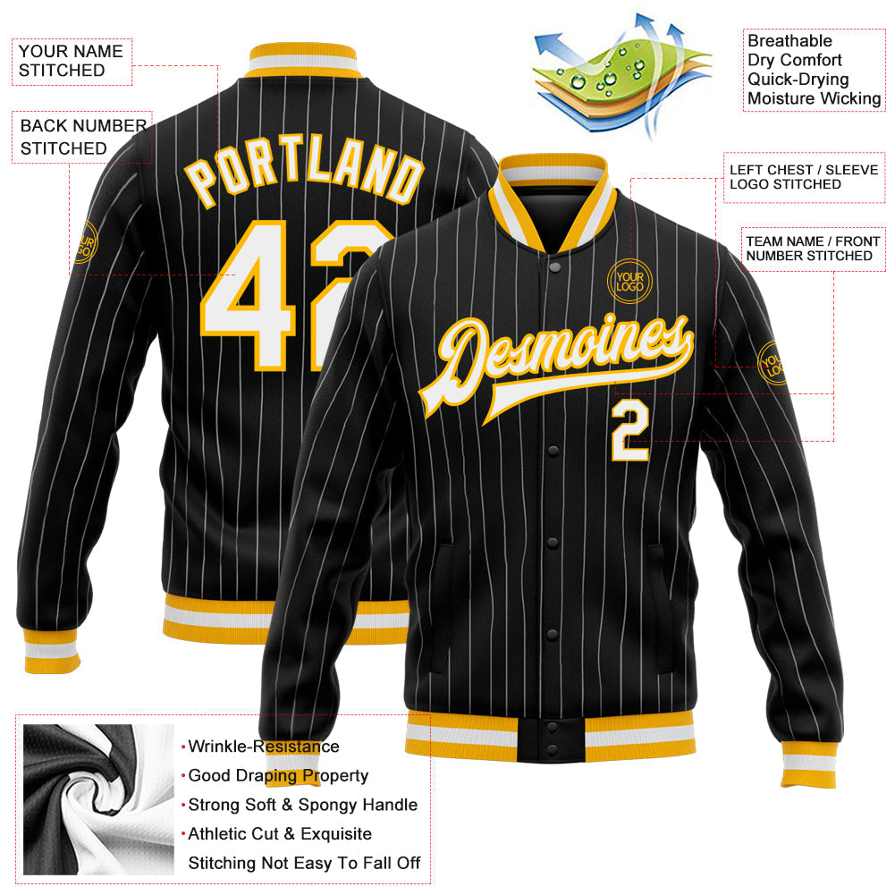 Custom Black White Pinstripe Gold Bomber Full-Snap Varsity Letterman Jacket view 5