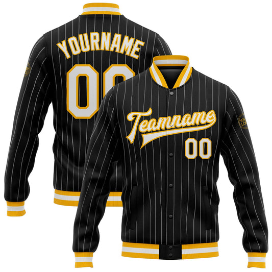Custom Black White Pinstripe Gold Bomber Full-Snap Varsity Letterman Jacket - Main View