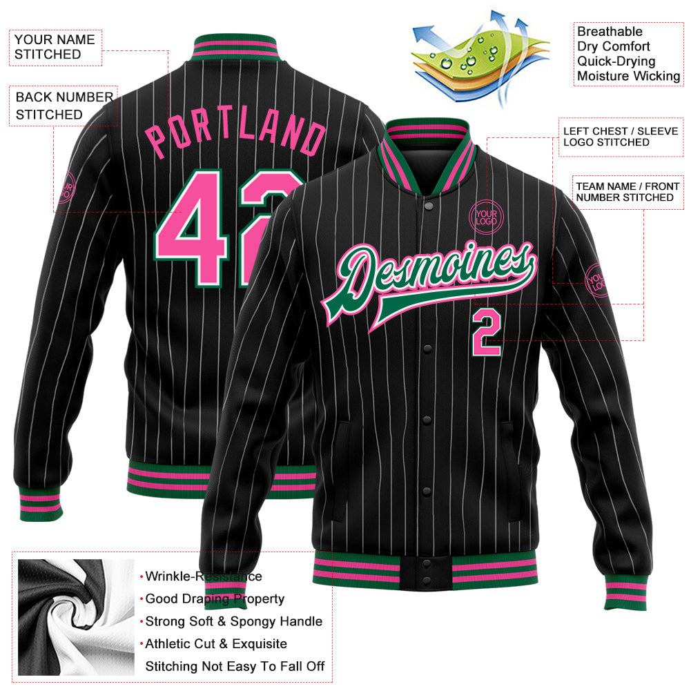 Custom Black White Pinstripe Pink-Kelly Green Bomber Full-Snap Varsity Letterman Jacket view 5