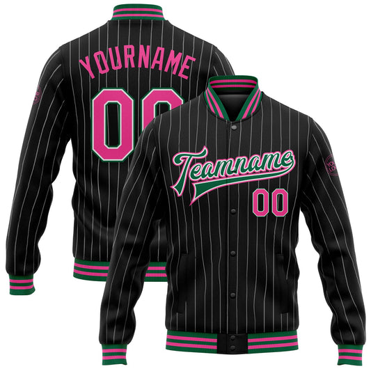 Custom Black White Pinstripe Pink-Kelly Green Bomber Full-Snap Varsity Letterman Jacket - Main View