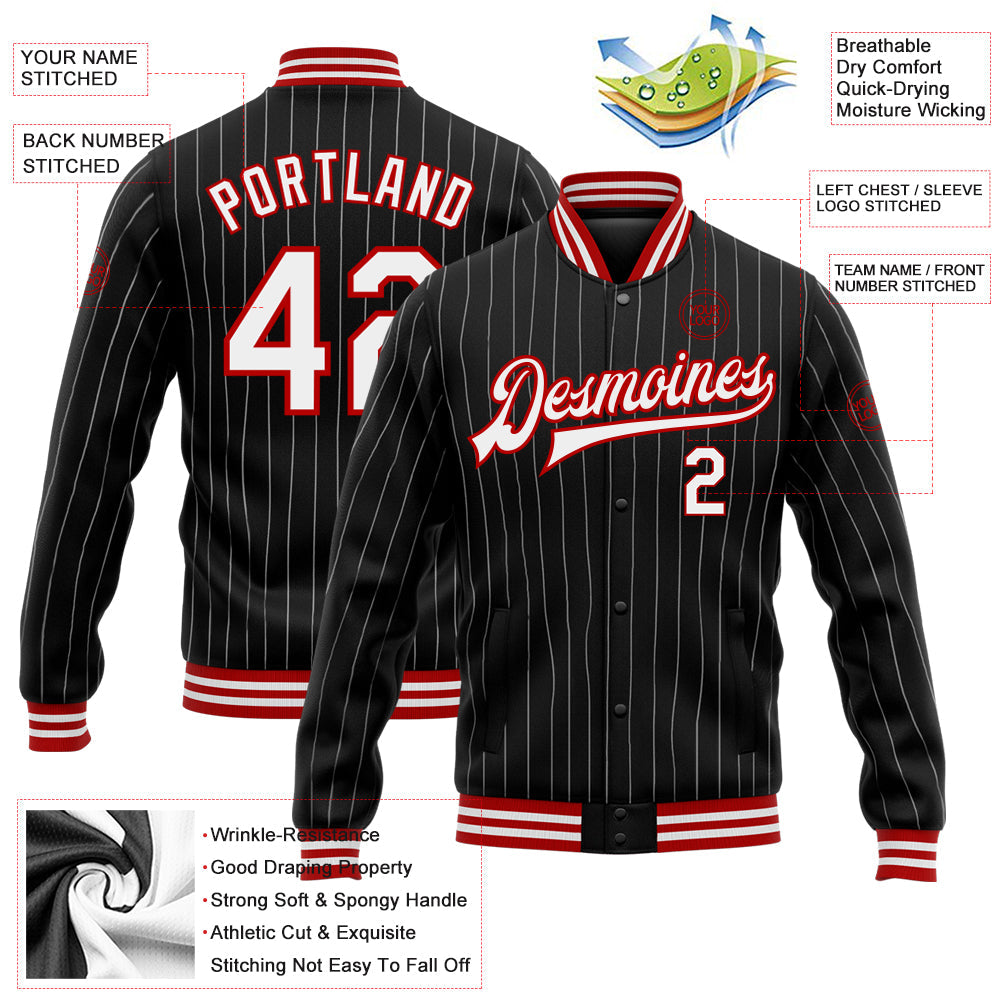 Custom Black White Pinstripe Red Bomber Full-Snap Varsity Letterman Jacket view 5