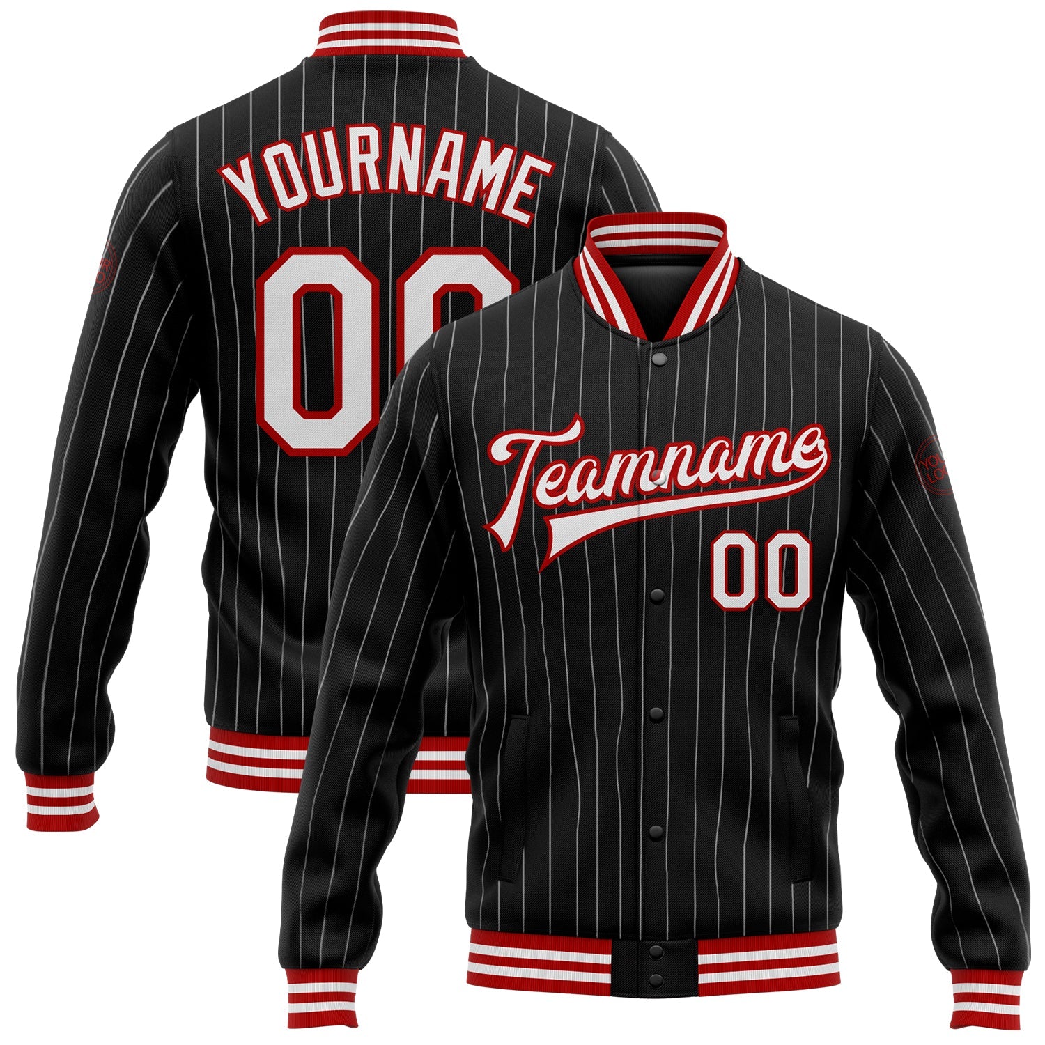 Custom Black White Pinstripe Red Bomber Full-Snap Varsity Letterman Jacket - Main View