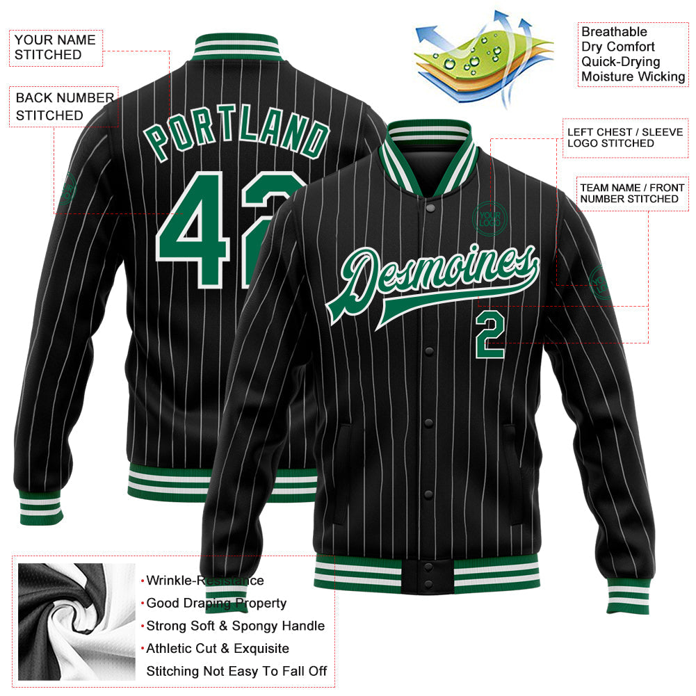 Custom Black White Pinstripe Kelly Green Bomber Full-Snap Varsity Letterman Jacket view 5