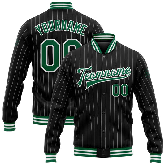 Custom Black White Pinstripe Kelly Green Bomber Full-Snap Varsity Letterman Jacket - Main View