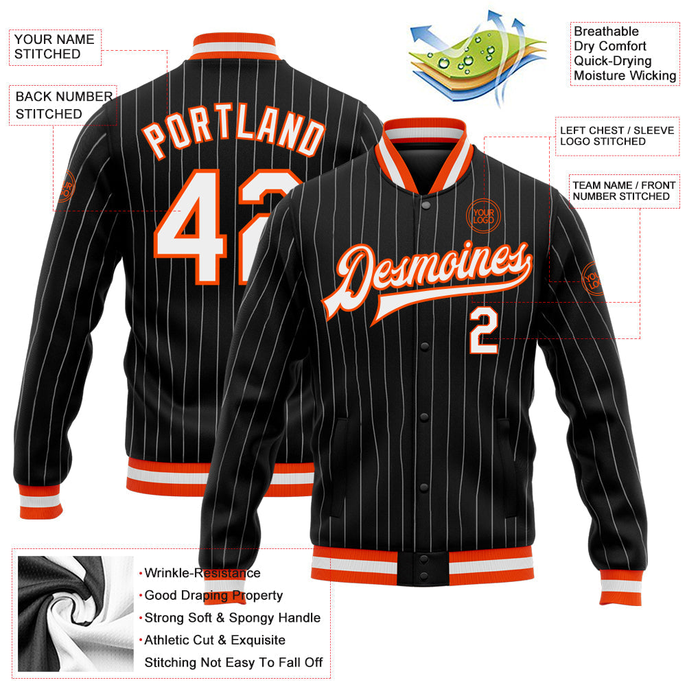 Custom Black White Pinstripe Orange Bomber Full-Snap Varsity Letterman Jacket view 5