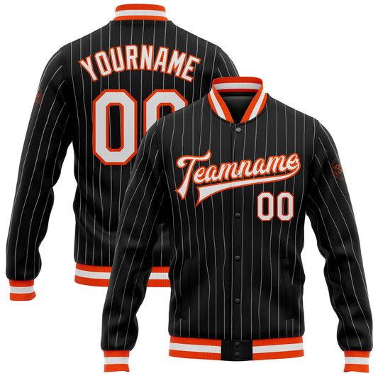 Custom Black White Pinstripe Orange Bomber Full-Snap Varsity Letterman Jacket - Main View
