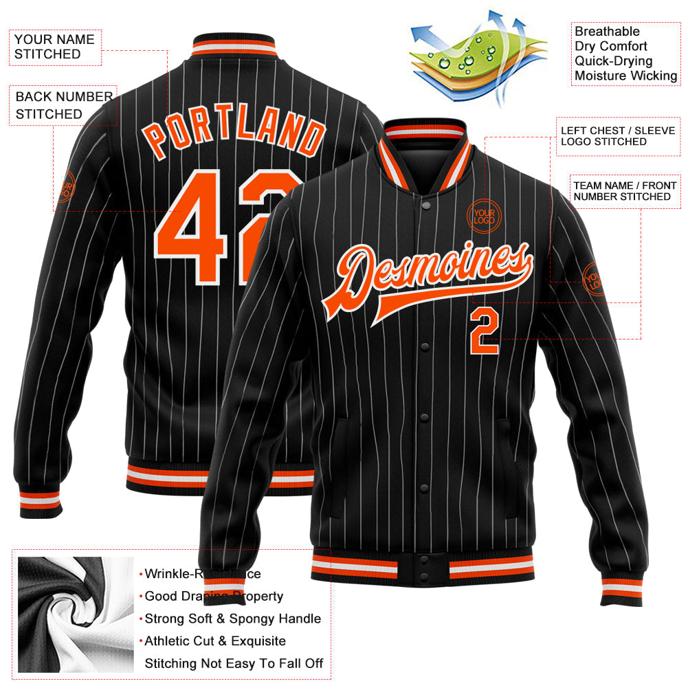 Custom Black White Pinstripe Orange Bomber Full-Snap Varsity Letterman Jacket view 5