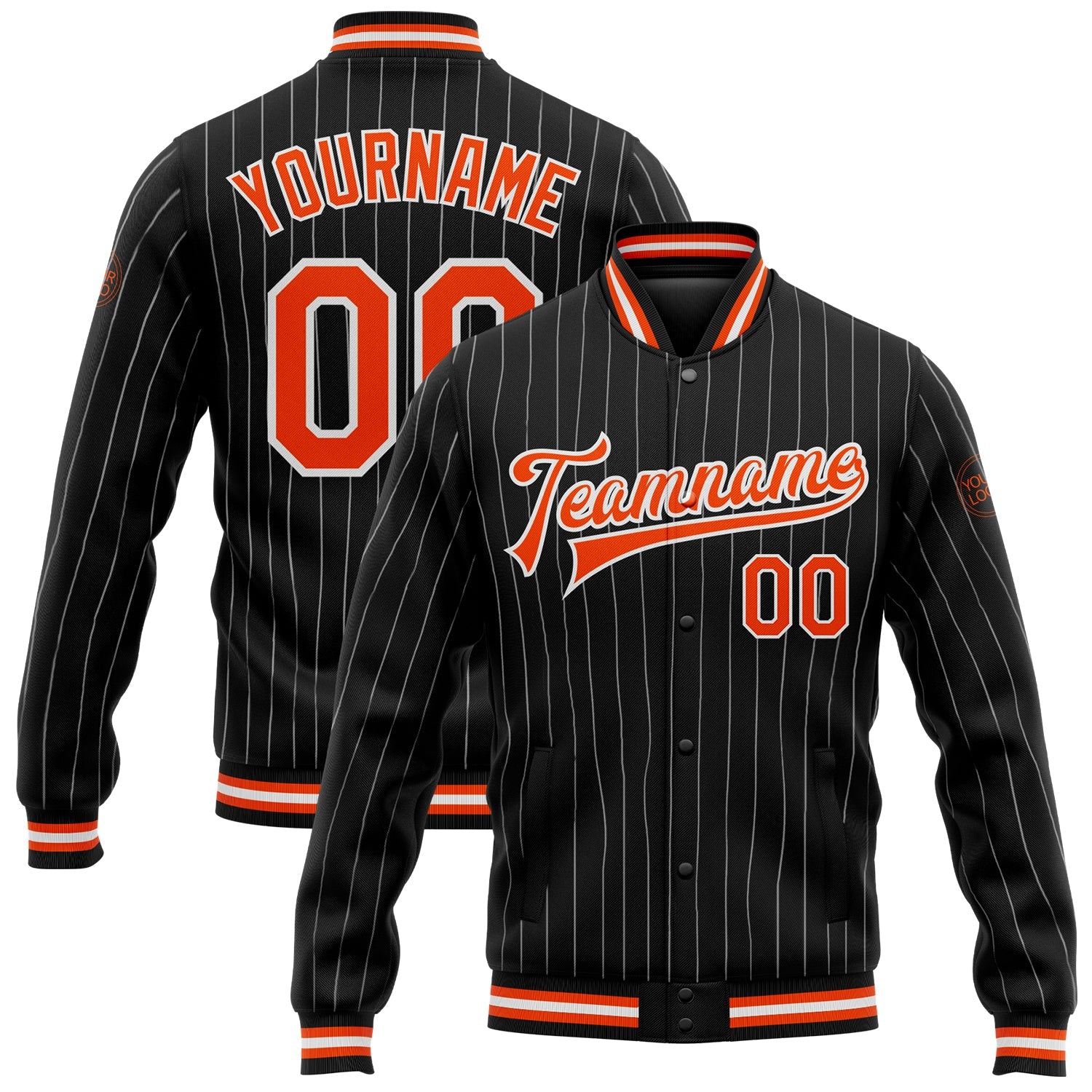 Custom Black White Pinstripe Orange Bomber Full-Snap Varsity Letterman Jacket - Main View