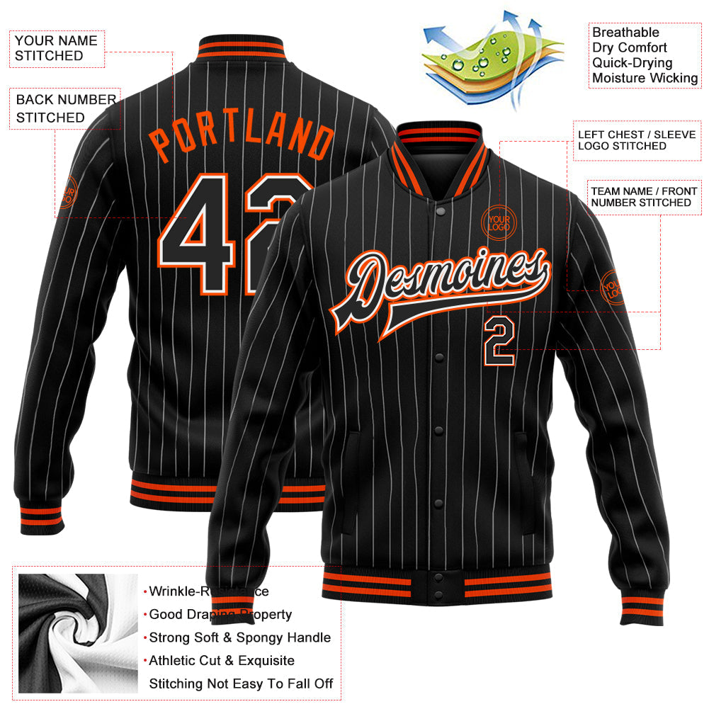 Custom Black White Pinstripe Orange Bomber Full-Snap Varsity Letterman Jacket view 5