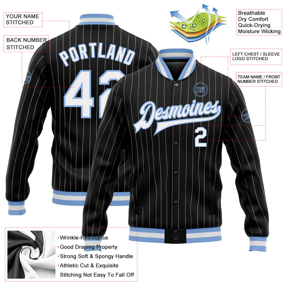 Custom Black White Pinstripe Light Blue Bomber Full-Snap Varsity Letterman Jacket view 5