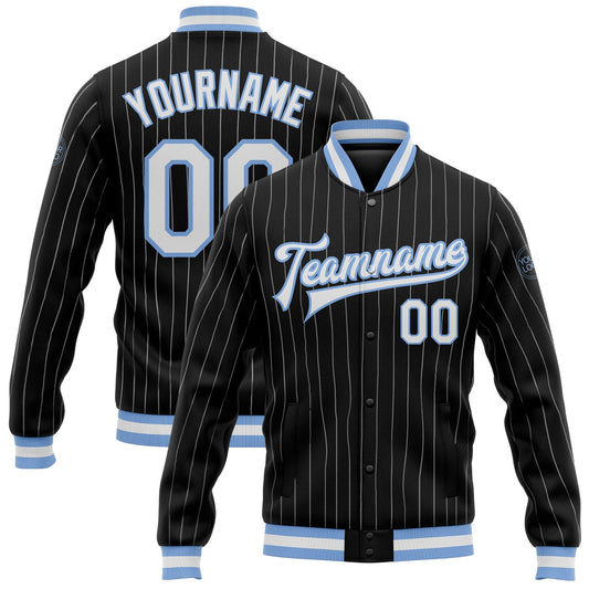 Custom Black White Pinstripe Light Blue Bomber Full-Snap Varsity Letterman Jacket - Main View