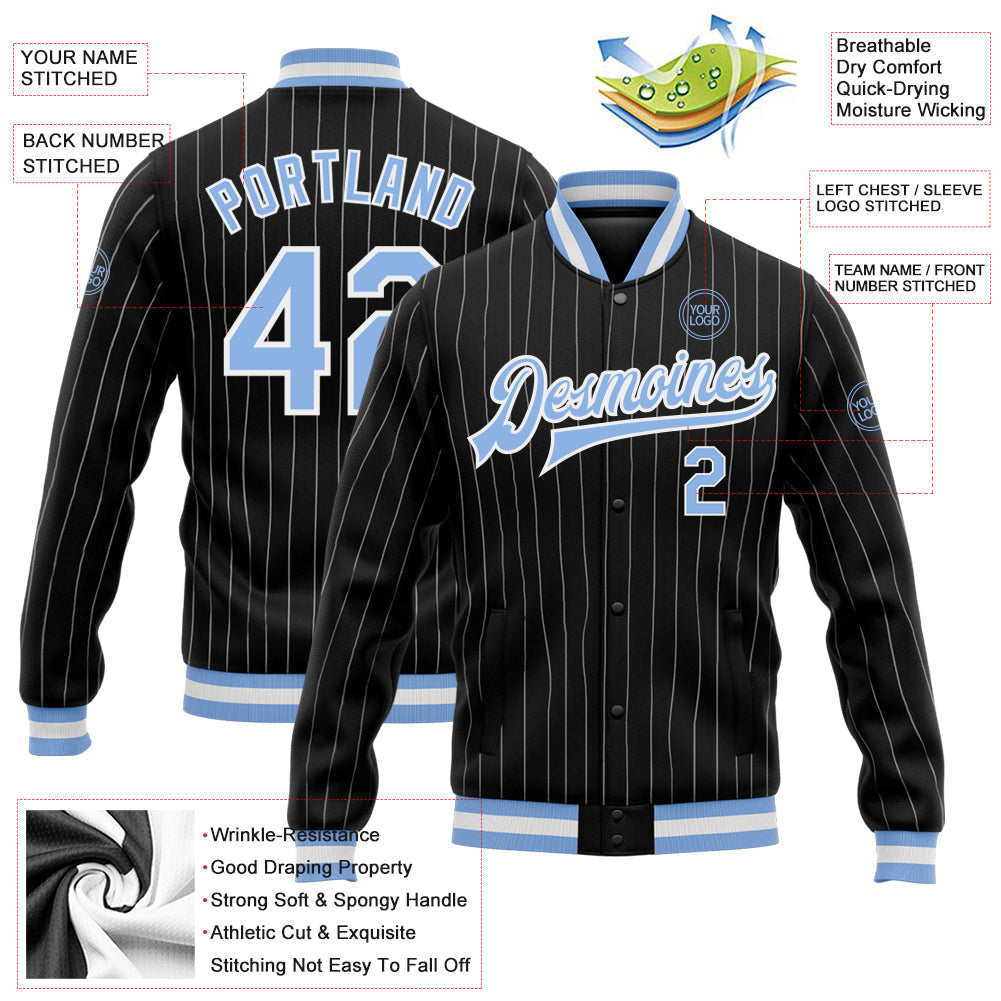 Custom Black White Pinstripe Light Blue Bomber Full-Snap Varsity Letterman Jacket view 5