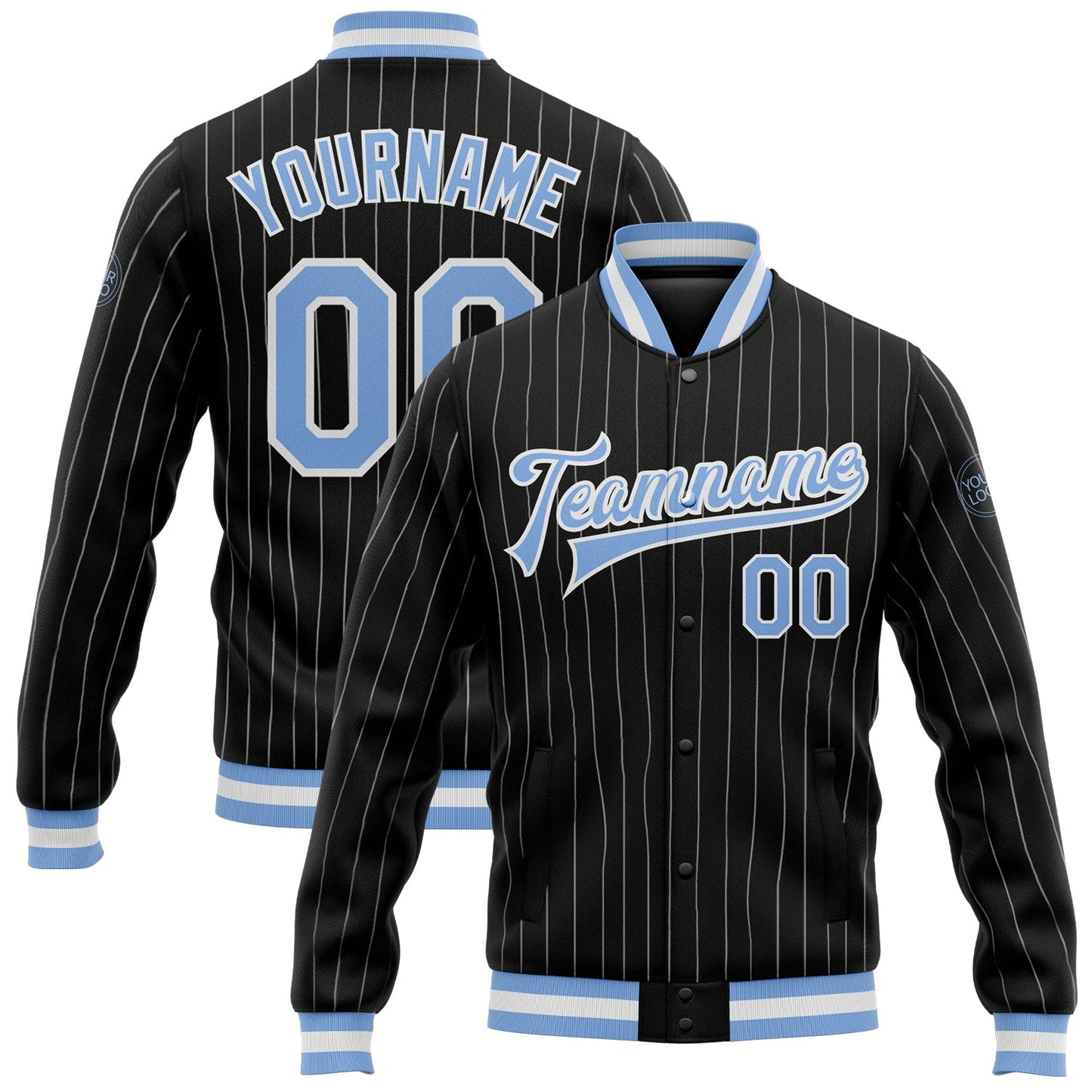 Custom Black White Pinstripe Light Blue Bomber Full-Snap Varsity Letterman Jacket - Main View
