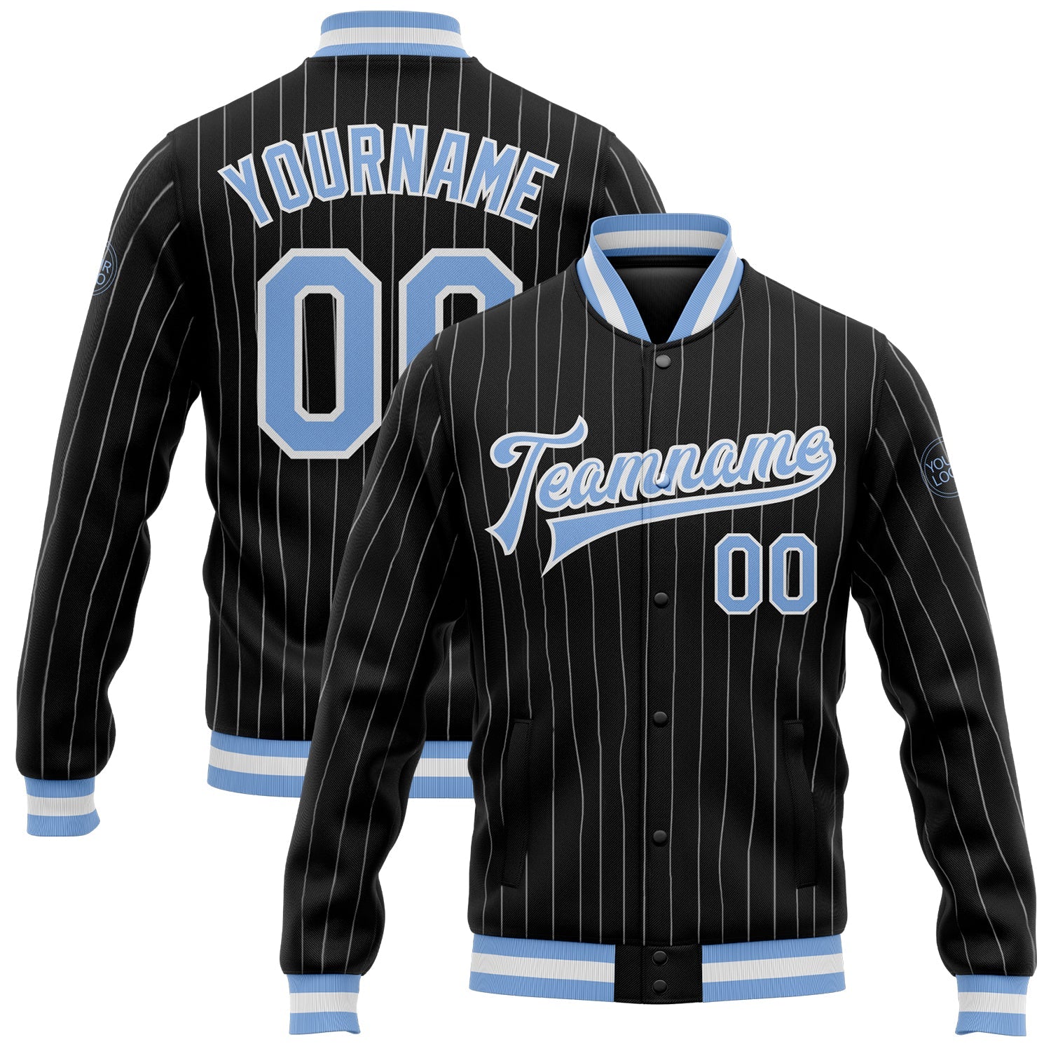Custom Black White Pinstripe Light Blue Bomber Full-Snap Varsity Letterman Jacket - Main View