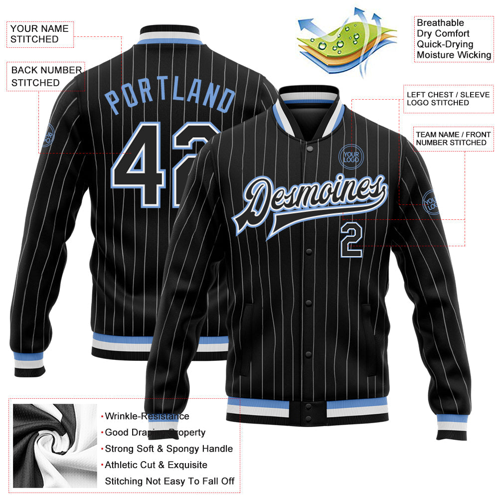 Custom Black White Pinstripe Light Blue Bomber Full-Snap Varsity Letterman Jacket view 5