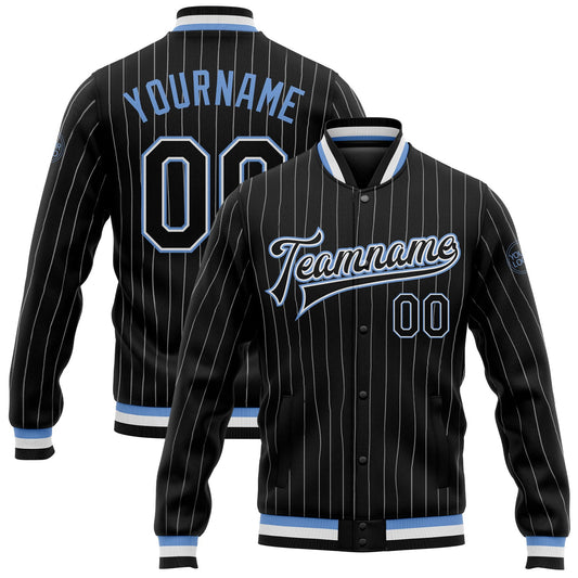 Custom Black White Pinstripe Light Blue Bomber Full-Snap Varsity Letterman Jacket - Main View