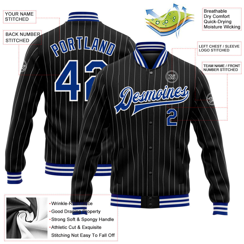 Custom Black White Pinstripe Royal Bomber Full-Snap Varsity Letterman Jacket view 5