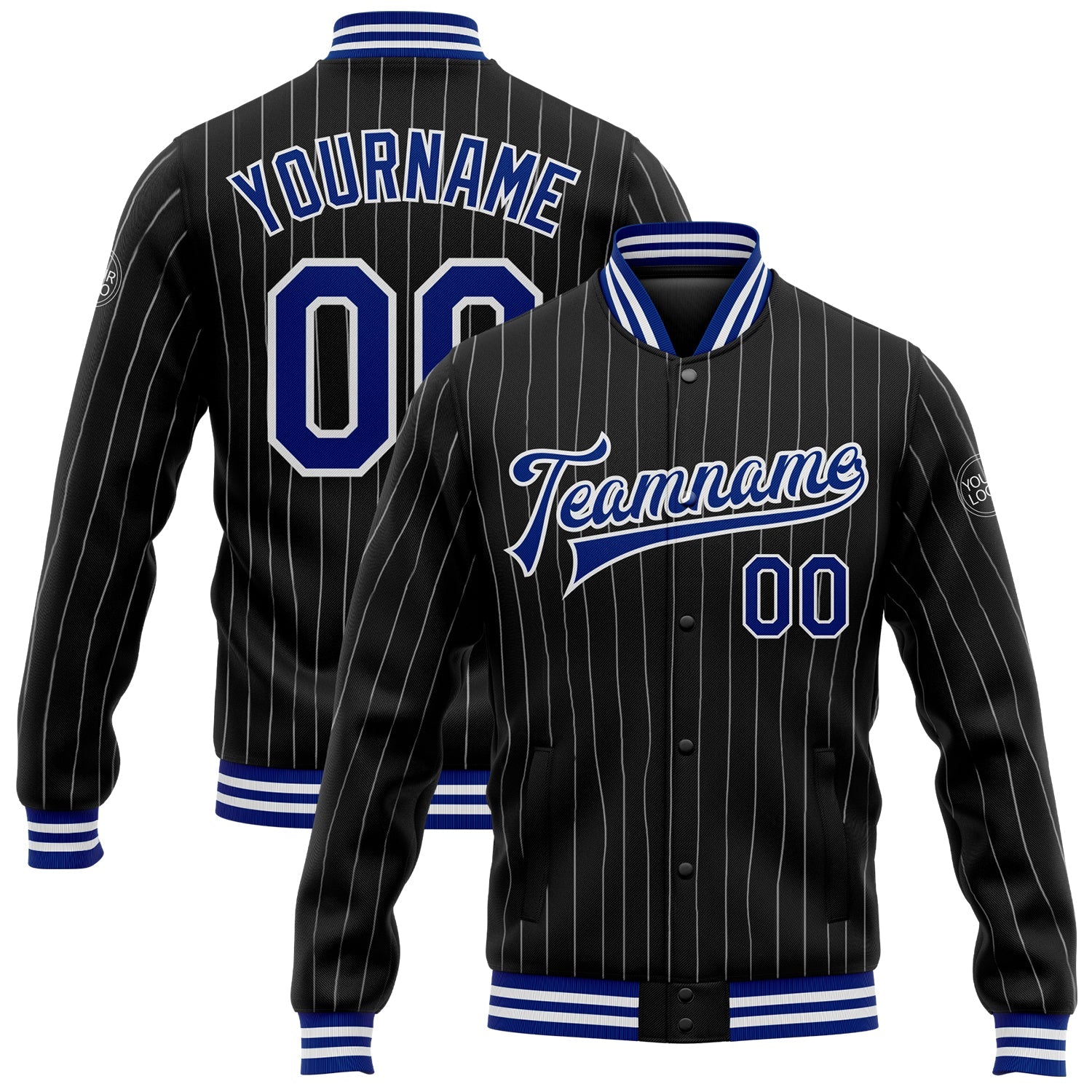 Custom Black White Pinstripe Royal Bomber Full-Snap Varsity Letterman Jacket - Main View