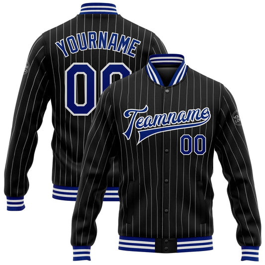 Custom Black White Pinstripe Royal Bomber Full-Snap Varsity Letterman Jacket - Main View