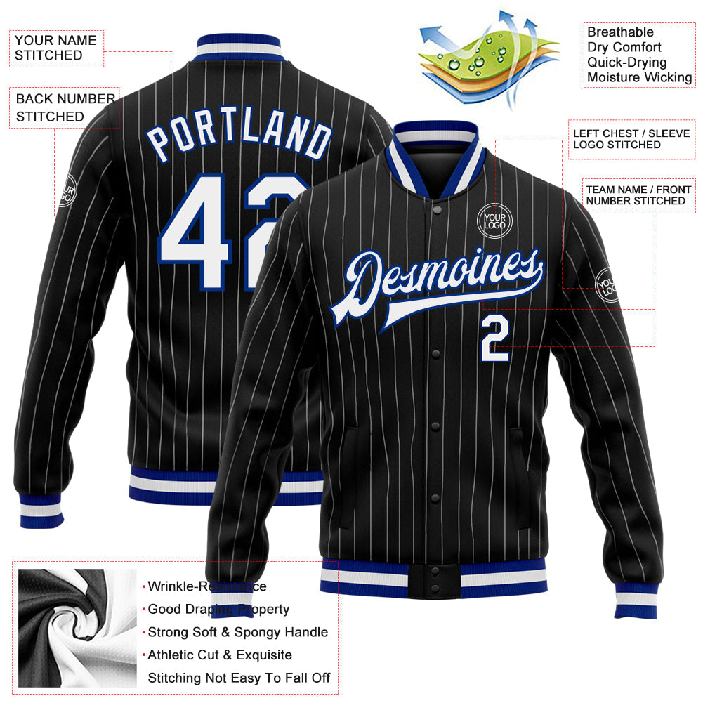 Custom Black White Pinstripe Royal Bomber Full-Snap Varsity Letterman Jacket view 5