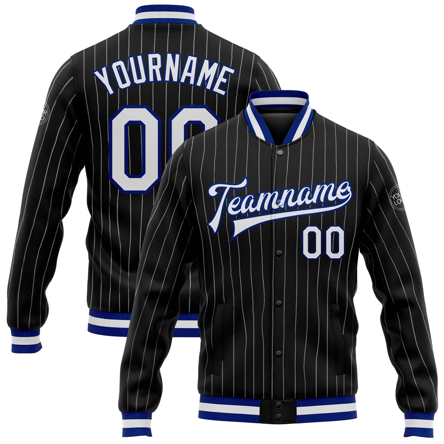 Custom Black White Pinstripe Royal Bomber Full-Snap Varsity Letterman Jacket - Main View