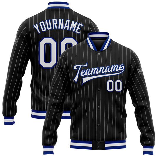 Custom Black White Pinstripe Royal Bomber Full-Snap Varsity Letterman Jacket - Main View