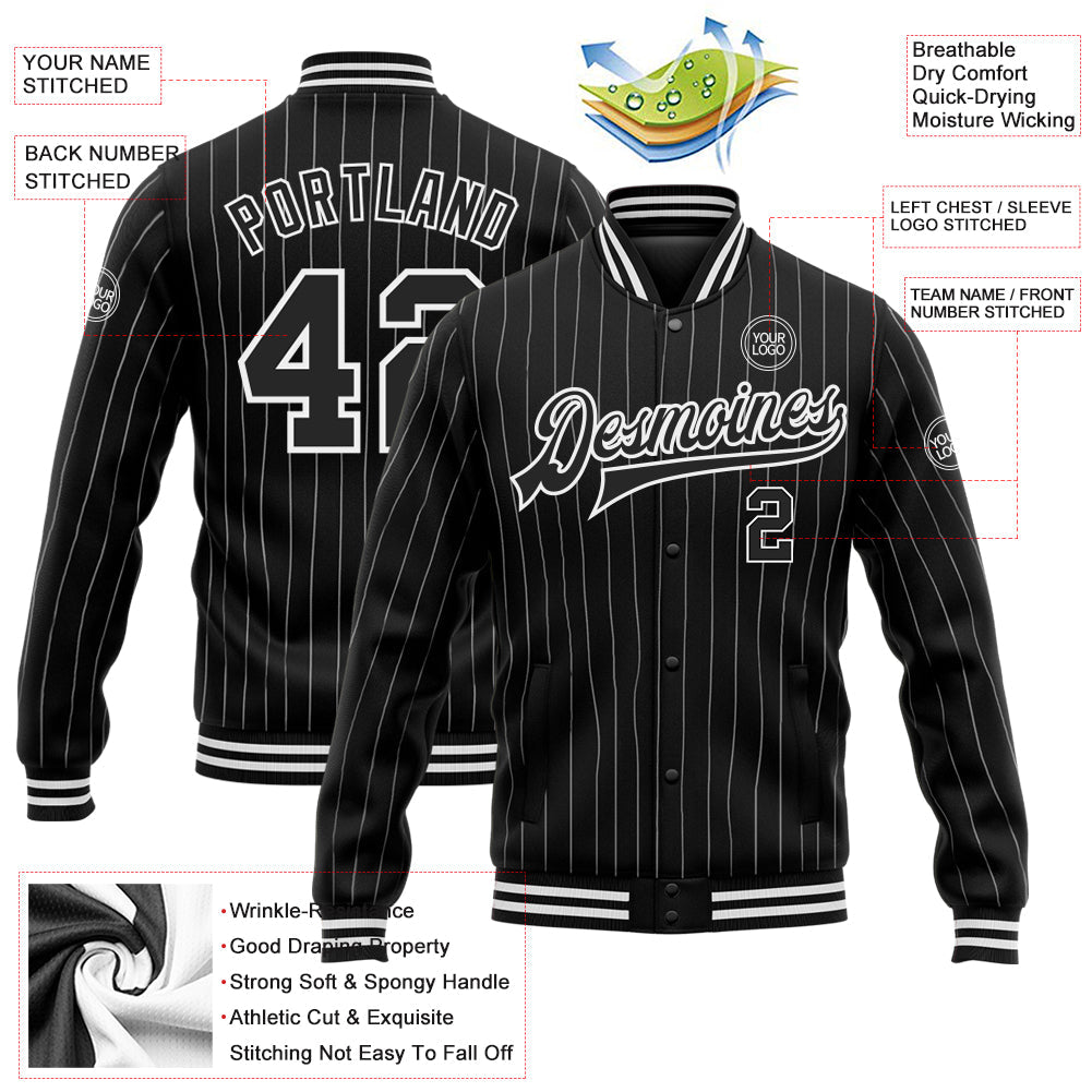 Custom Black White Pinstripe White Bomber Full-Snap Varsity Letterman Jacket view 5