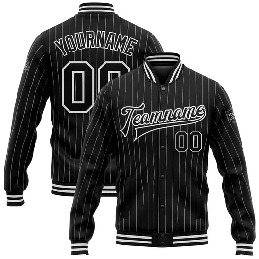 Custom Black White Pinstripe White Bomber Full-Snap Varsity Letterman Jacket - Main View