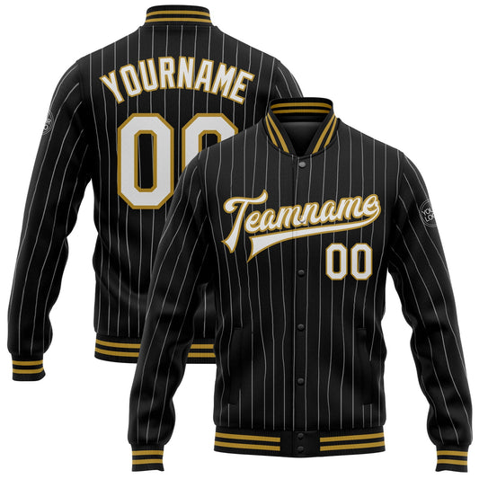 Custom Black White Pinstripe Old Gold Bomber Full-Snap Varsity Letterman Jacket - Main View