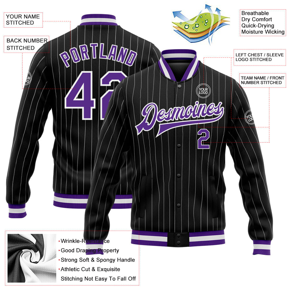 Custom Black White Pinstripe Purple Bomber Full-Snap Varsity Letterman Jacket view 5
