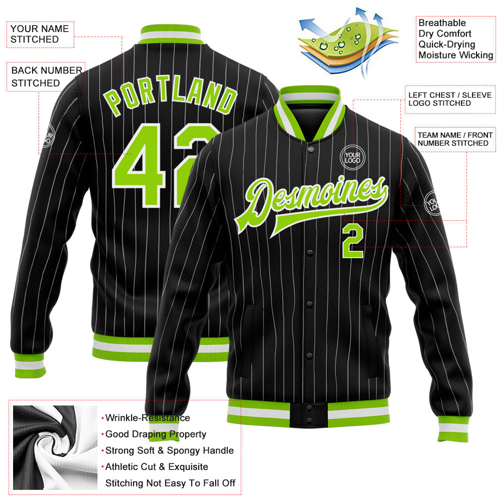 Custom Black White Pinstripe Neon Green Bomber Full-Snap Varsity Letterman Jacket view 5