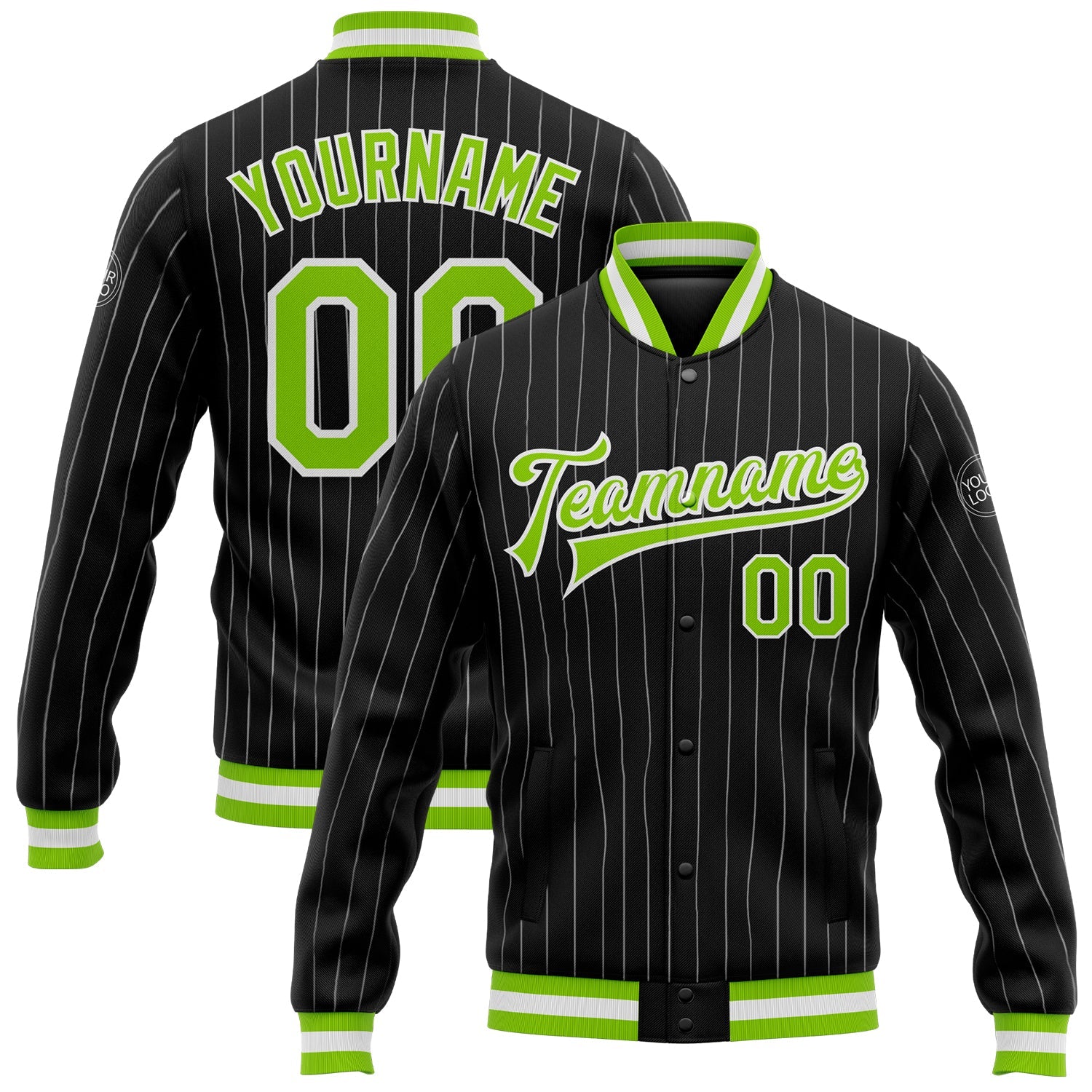 Custom Black White Pinstripe Neon Green Bomber Full-Snap Varsity Letterman Jacket - Main View