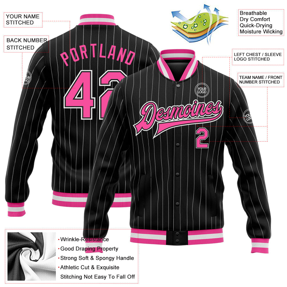Custom Black White Pinstripe Pink Bomber Full-Snap Varsity Letterman Jacket view 5