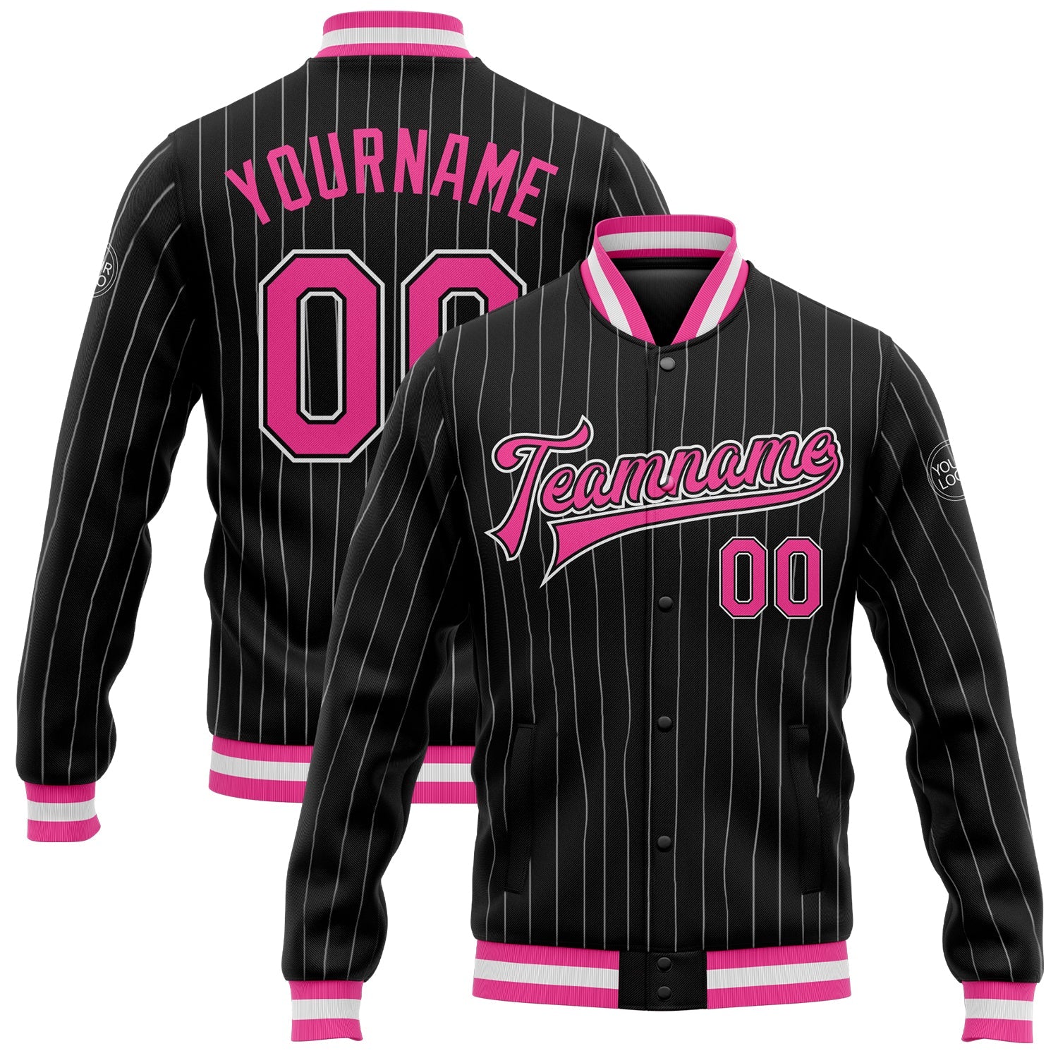 Custom Black White Pinstripe Pink Bomber Full-Snap Varsity Letterman Jacket - Main View
