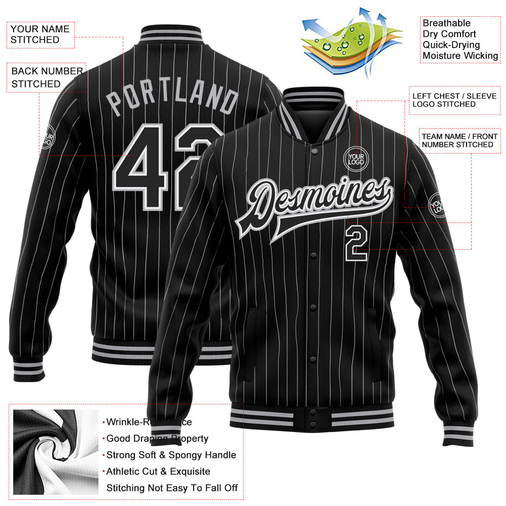 Custom Black White Pinstripe Black-Gray Bomber Full-Snap Varsity Letterman Jacket view 5