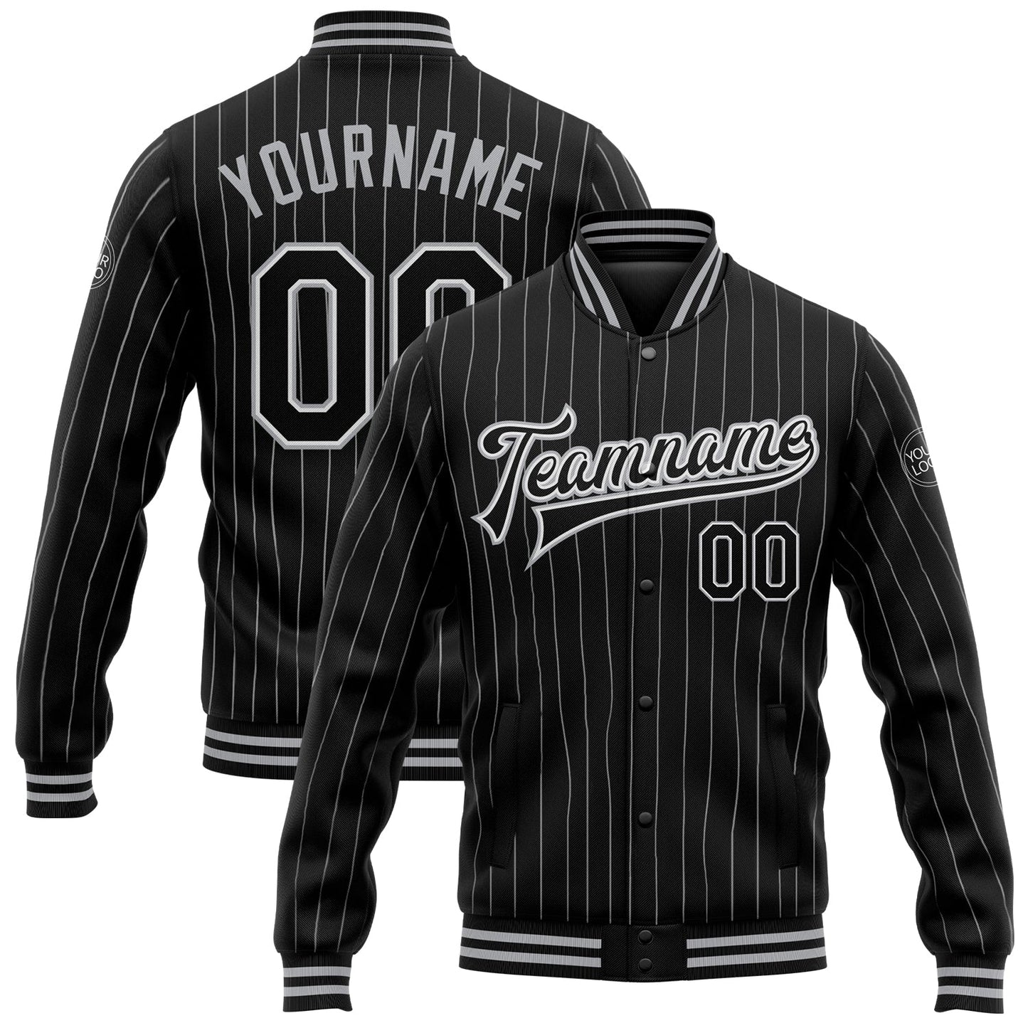 Custom Black White Pinstripe Black-Gray Bomber Full-Snap Varsity Letterman Jacket - Main View