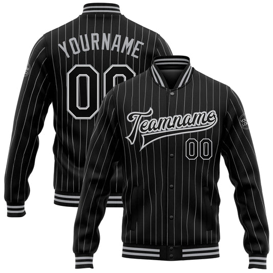 Custom Black White Pinstripe Black-Gray Bomber Full-Snap Varsity Letterman Jacket - Main View