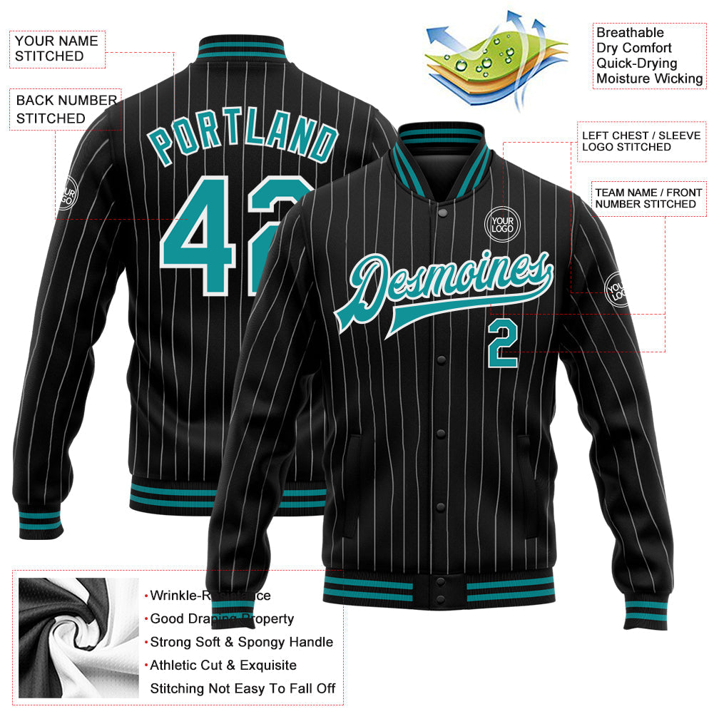 Custom Black White Pinstripe Teal Bomber Full-Snap Varsity Letterman Jacket view 5