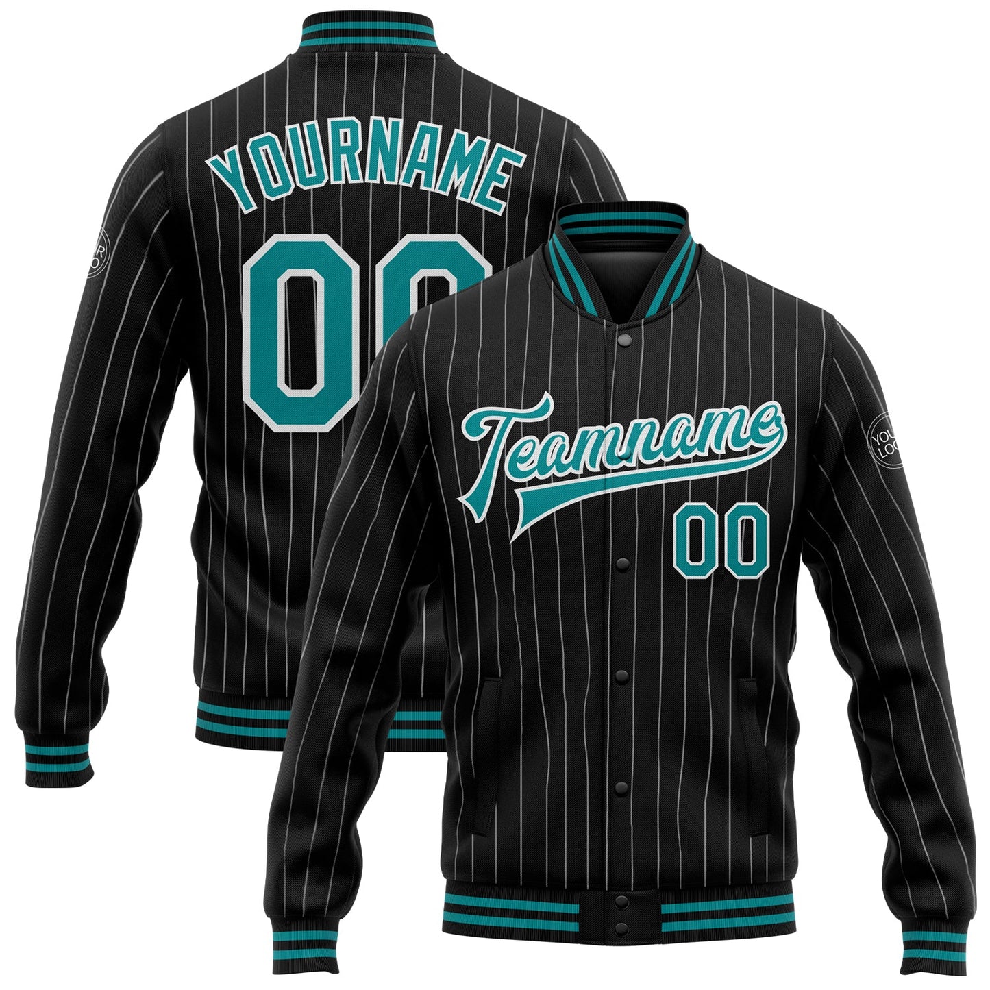 Custom Black White Pinstripe Teal Bomber Full-Snap Varsity Letterman Jacket - Main View