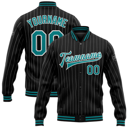 Custom Black White Pinstripe Teal Bomber Full-Snap Varsity Letterman Jacket - Main View